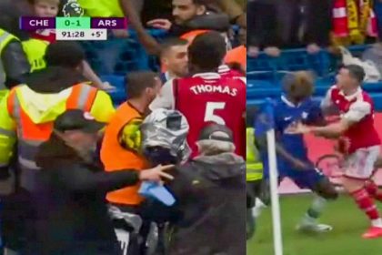 Watch: Moment stewards intervened to calm down Xhaka after getting into a serious 'fight' with two Chelsea players