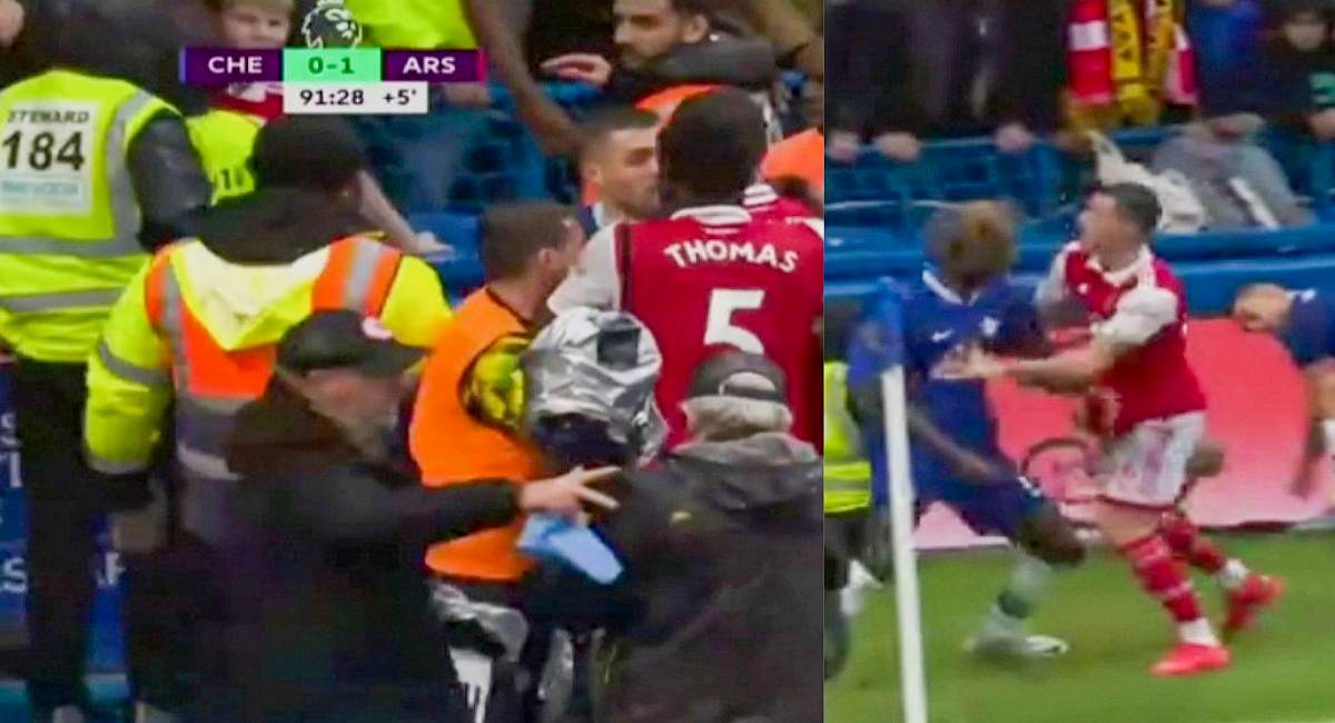 Watch: Moment stewards intervened to calm down Xhaka after getting into a serious 'fight' with two Chelsea players