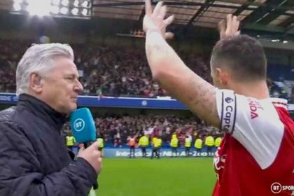 Watch: Fans proudly chant Granit Xhaka's name as he's being interviewed, following victory over Chelsea