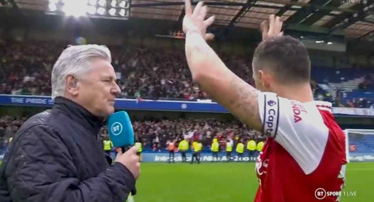 Watch: Fans proudly chant Granit Xhaka's name as he's being interviewed, following victory over Chelsea