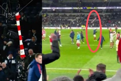 Watch: Moment Martinelli jumped so high just to attach an Arsenal scarf to Tottenham's Spidercam during victory celebration