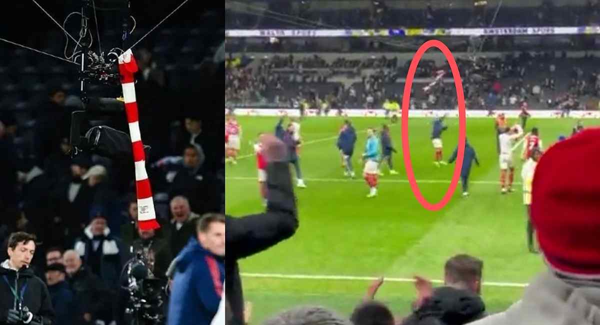 Watch: Moment Martinelli jumped so high just to attach an Arsenal scarf to Tottenham's Spidercam during victory celebration
