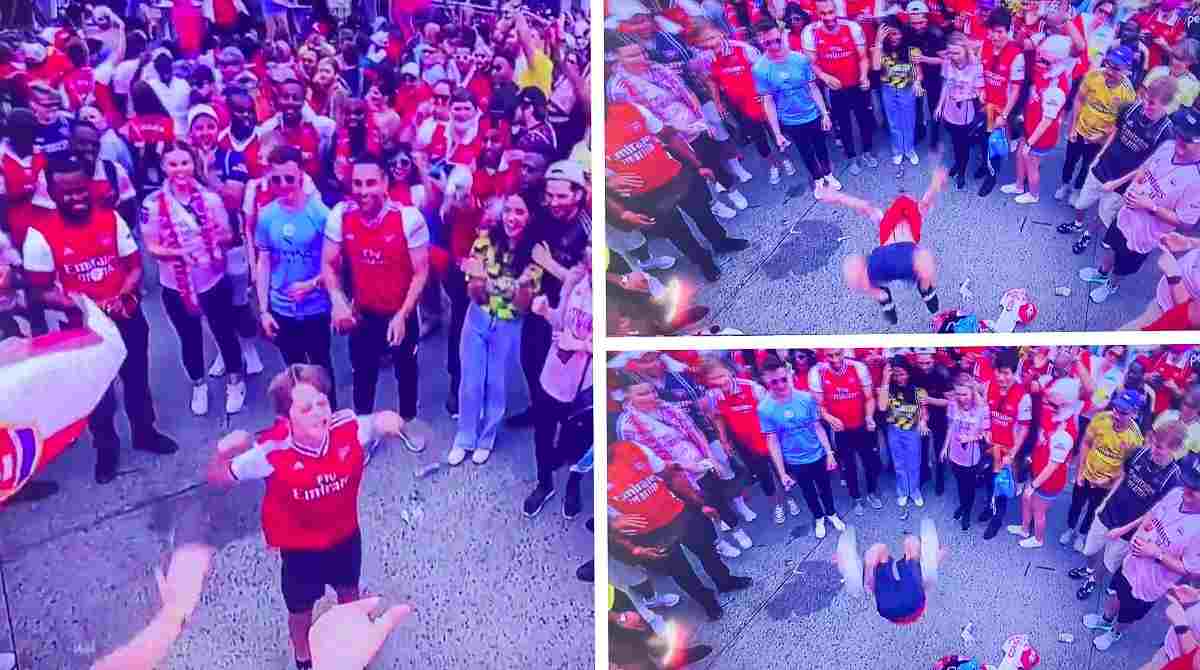 On NBC's broadcast of Arsenal vs. Manchester United on Sunday, a young Gunner was seen doing a celebratory backflip following Arsenal's win over Manchester United.