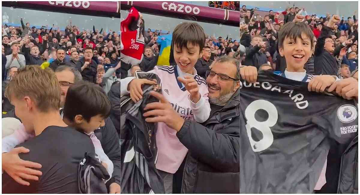 Watch: Martin Odegaard made a young fan's day by gifting him his shirt following victory over Villa