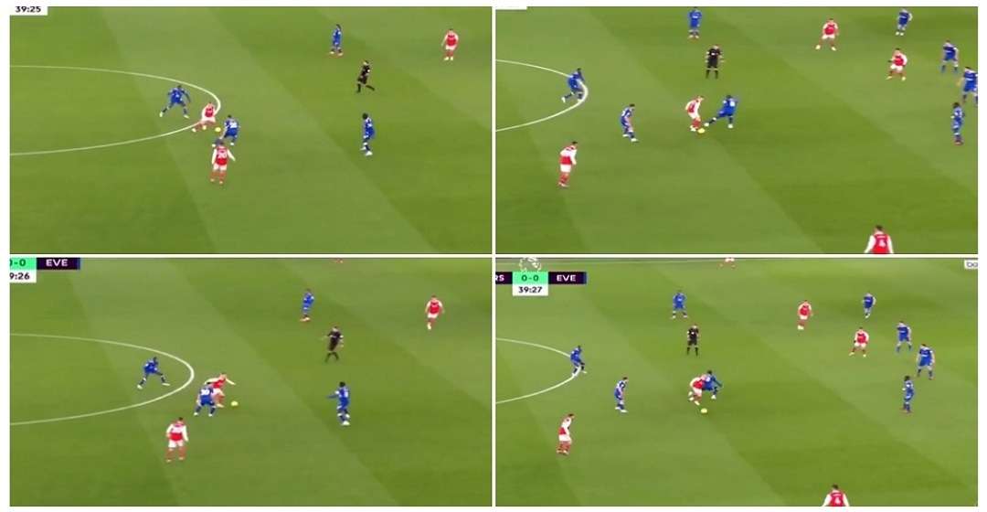 Watch: Moment Zinchenko dribbled his way past three Everton players in midfield before finding Saka for Arsenal's first goal