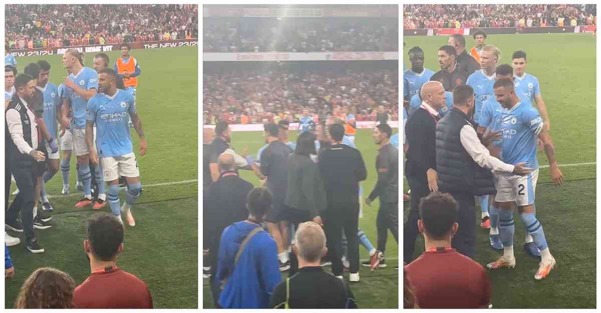 Watch: Embarrassing footage of Walker and Haaland getting into a fight with Arsenal's set piece coach following 1-0 loss